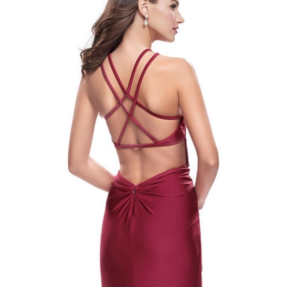 LA FEMME 26141 Burgundy High Neck Low back Gown - Picture 3 of 17